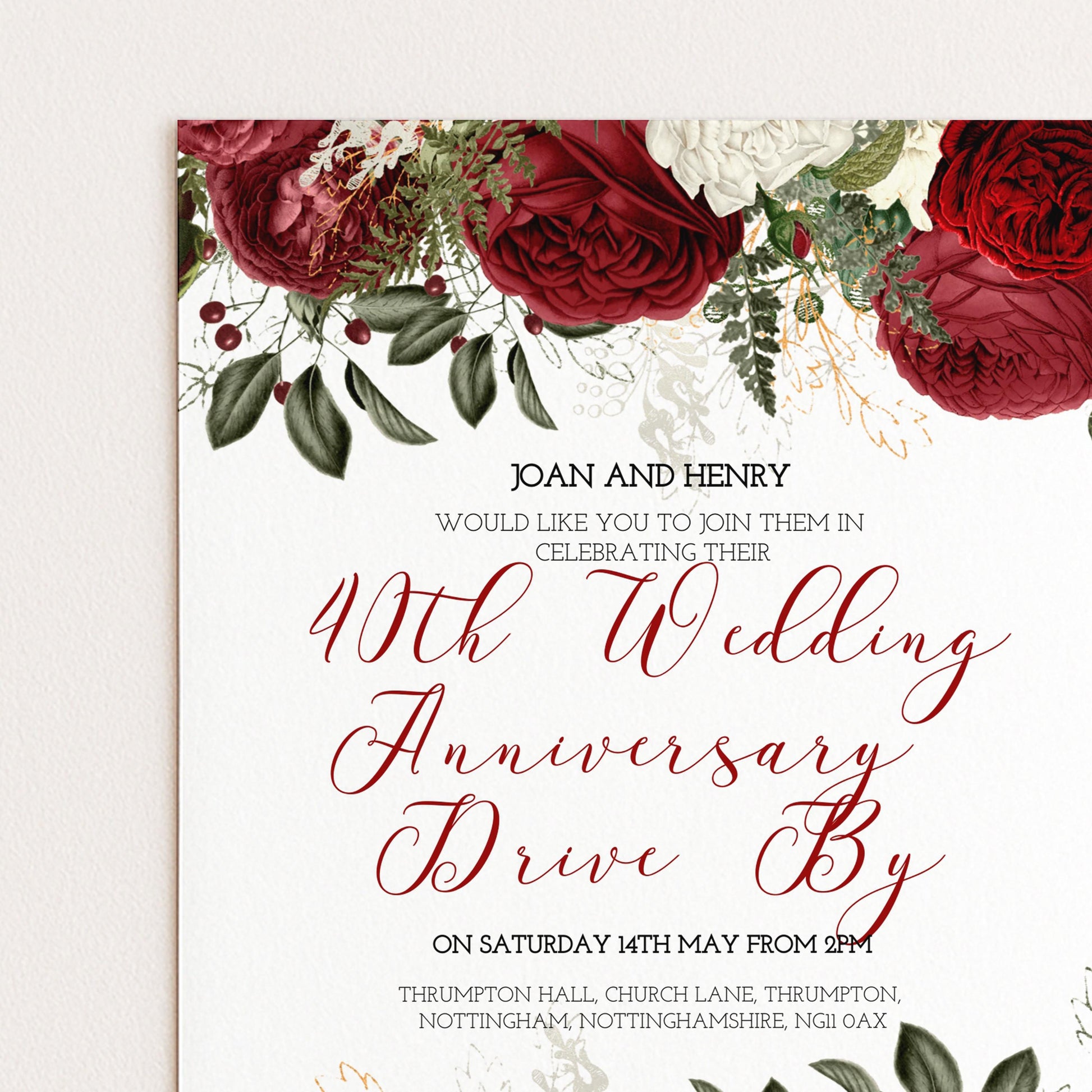 40th Wedding Anniversary Invitation Ruby Theme, Elegant Floral Anniversary Party Invite, Red Rose Celebration, Editable Template