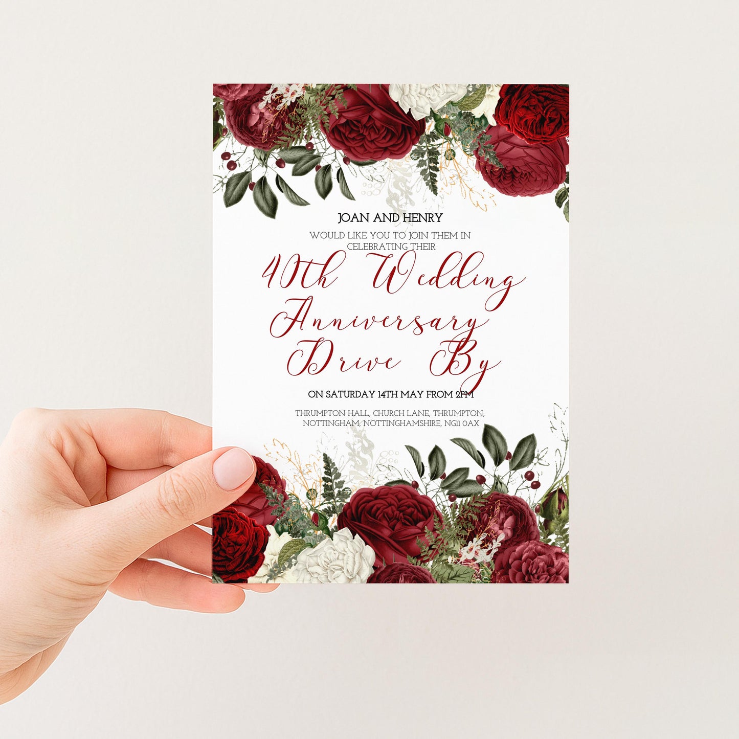 40th Wedding Anniversary Invitation Ruby Theme, Elegant Floral Anniversary Party Invite, Red Rose Celebration, Editable Template