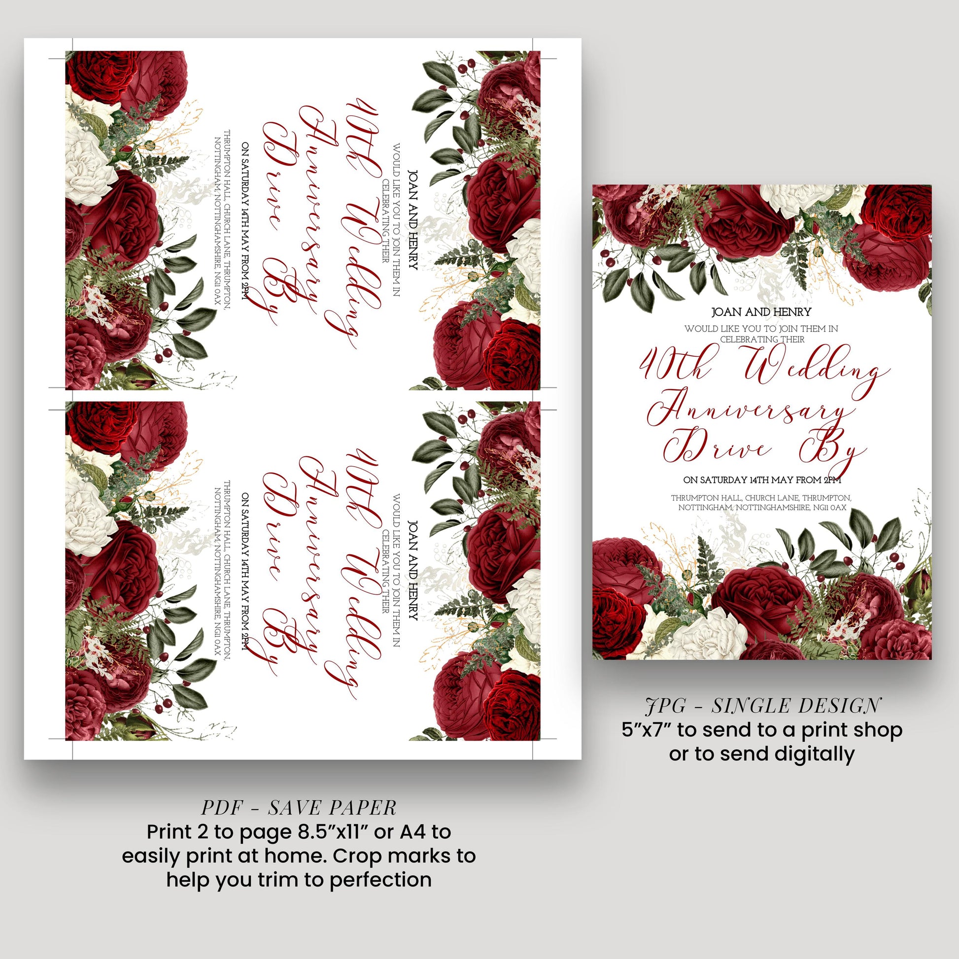 40th Wedding Anniversary Invitation Ruby Theme, Elegant Floral Anniversary Party Invite, Red Rose Celebration, Editable Template