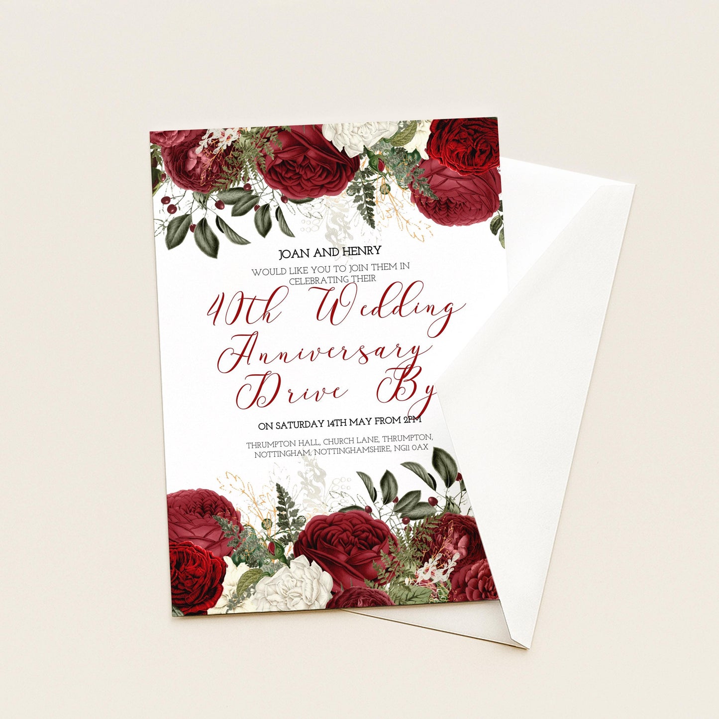 40th Wedding Anniversary Invitation Ruby Theme, Elegant Floral Anniversary Party Invite, Red Rose Celebration, Editable Template