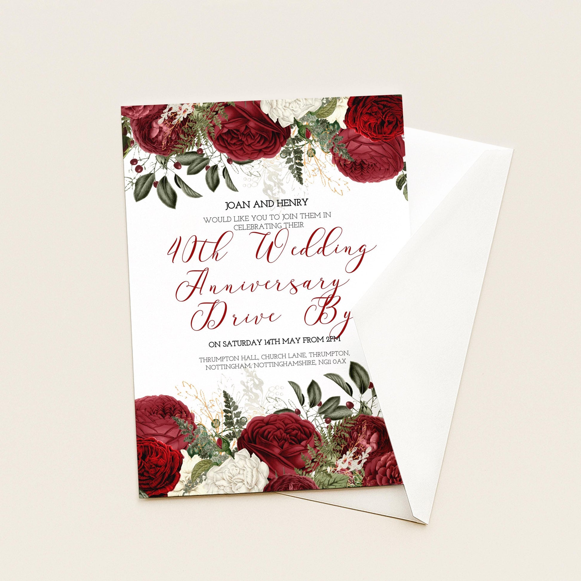 40th Wedding Anniversary Invitation Ruby Theme, Elegant Floral Anniversary Party Invite, Red Rose Celebration, Editable Template