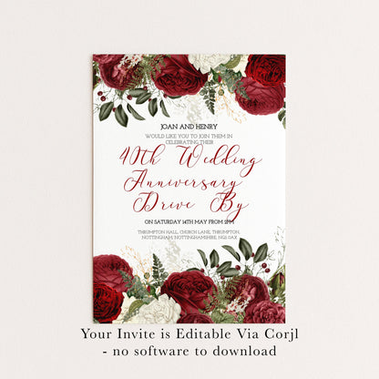 40th Wedding Anniversary Invitation Ruby Theme, Elegant Floral Anniversary Party Invite, Red Rose Celebration, Editable Template