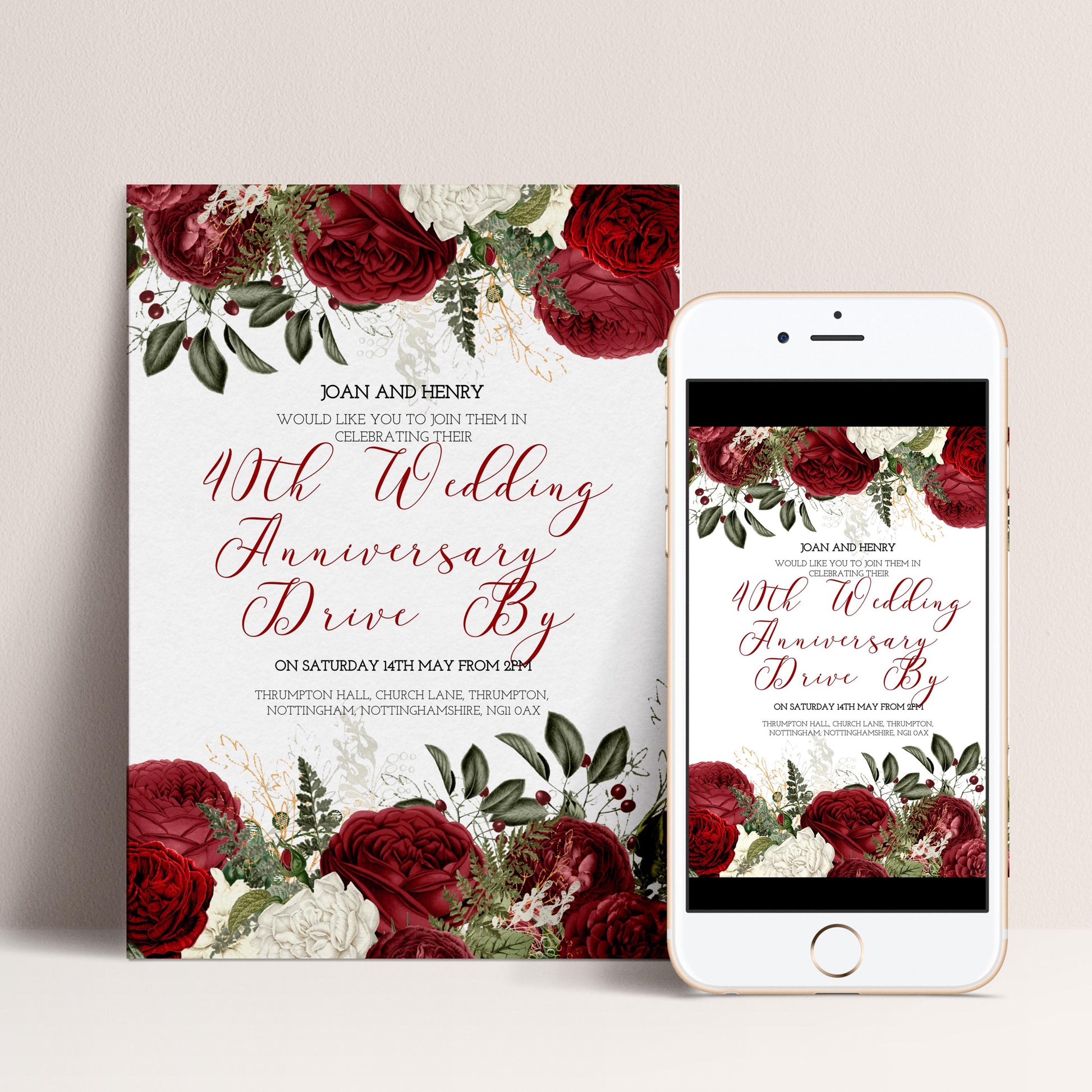 40th Wedding Anniversary Invitation Ruby Theme, Elegant Floral Anniversary Party Invite, Red Rose Celebration, Editable Template