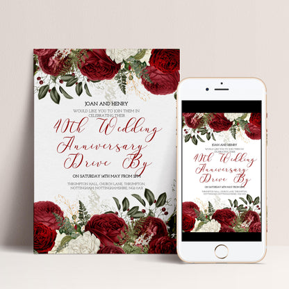 40th Wedding Anniversary Invitation Ruby Theme, Elegant Floral Anniversary Party Invite, Red Rose Celebration, Editable Template