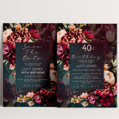 two identical wedding invitation cards with a floral design. The cards feature a dark background with a large floral pattern and text inviting guests to a birthday party for Lucy Jones.
