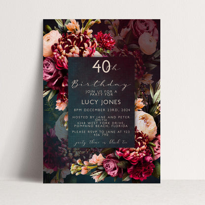 The image is a birthday invitation for Lucy Jones, inviting guests to a party on December 23rd, 2014 at 8 PM at the Hosted by Jane and Peter at 4200 West Fork Drive, Pompon Springs, Florida. Guests are requested to RSVP to Jane at 123 and party there or at the provided address.