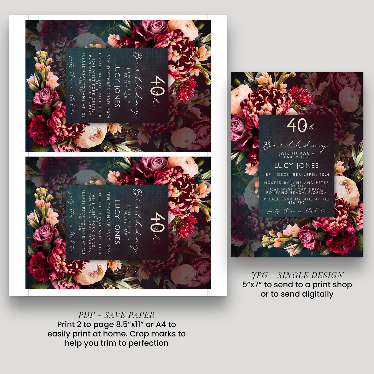 three different floral designs, each with a unique color scheme and arrangement of flowers. The designs are intended to be used for a 40th birthday celebration, featuring a combination of pink and red flowers. The designs are described as a "Save Paper" and "Print 2 to page 8.5" or A4 to easily print at home. The text suggests that these designs can be printed to send to a print shop or to send digitally.