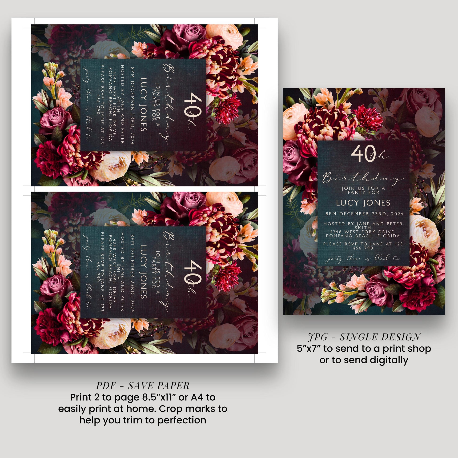 three different floral designs, each with a unique color scheme and arrangement of flowers. The designs are intended to be used for a 40th birthday celebration, featuring a combination of pink and red flowers. The designs are described as a "Save Paper" and "Print 2 to page 8.5" or A4 to easily print at home. The text suggests that these designs can be printed to send to a print shop or to send digitally.
