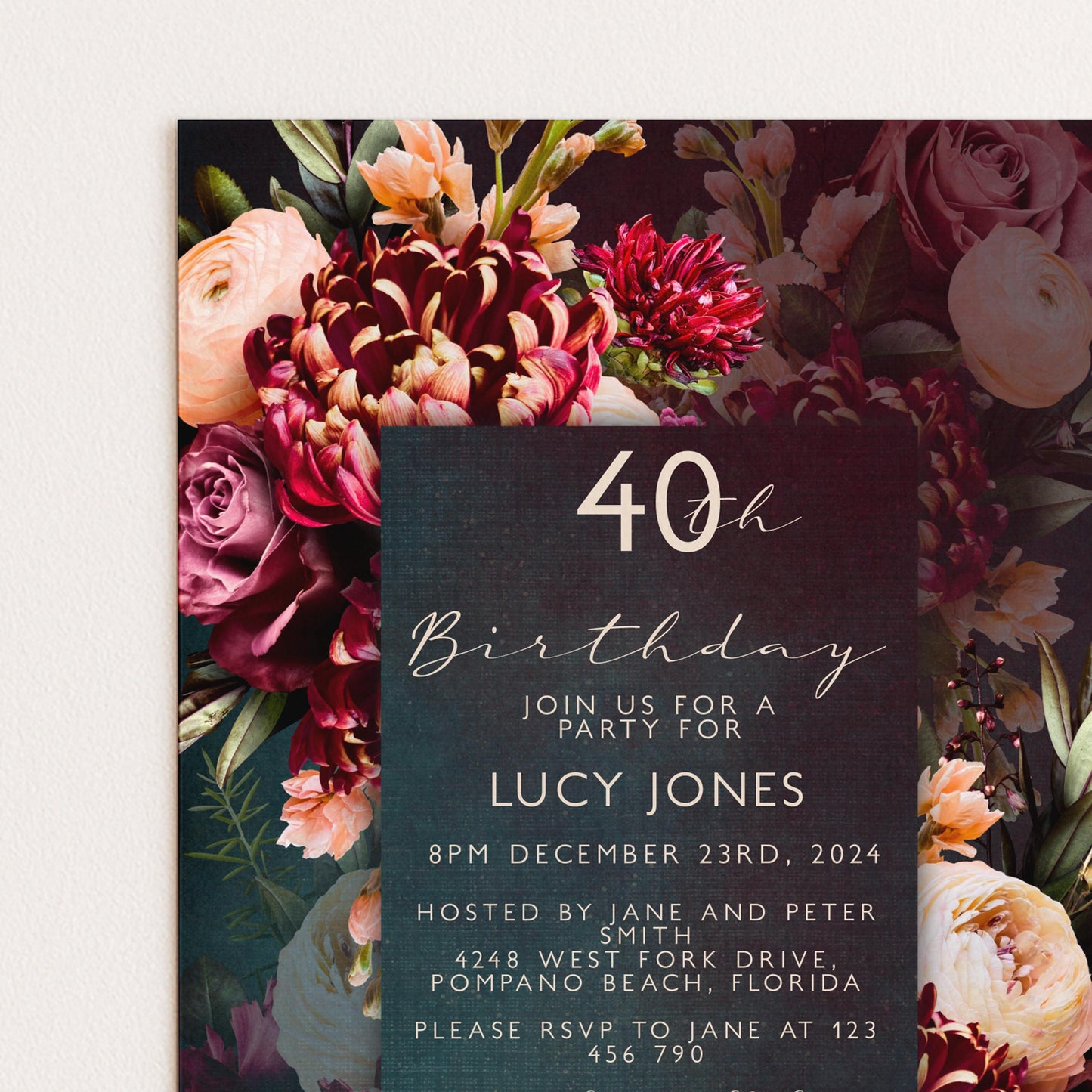 The image is a birthday party invitation featuring a floral design with various colorful flowers.