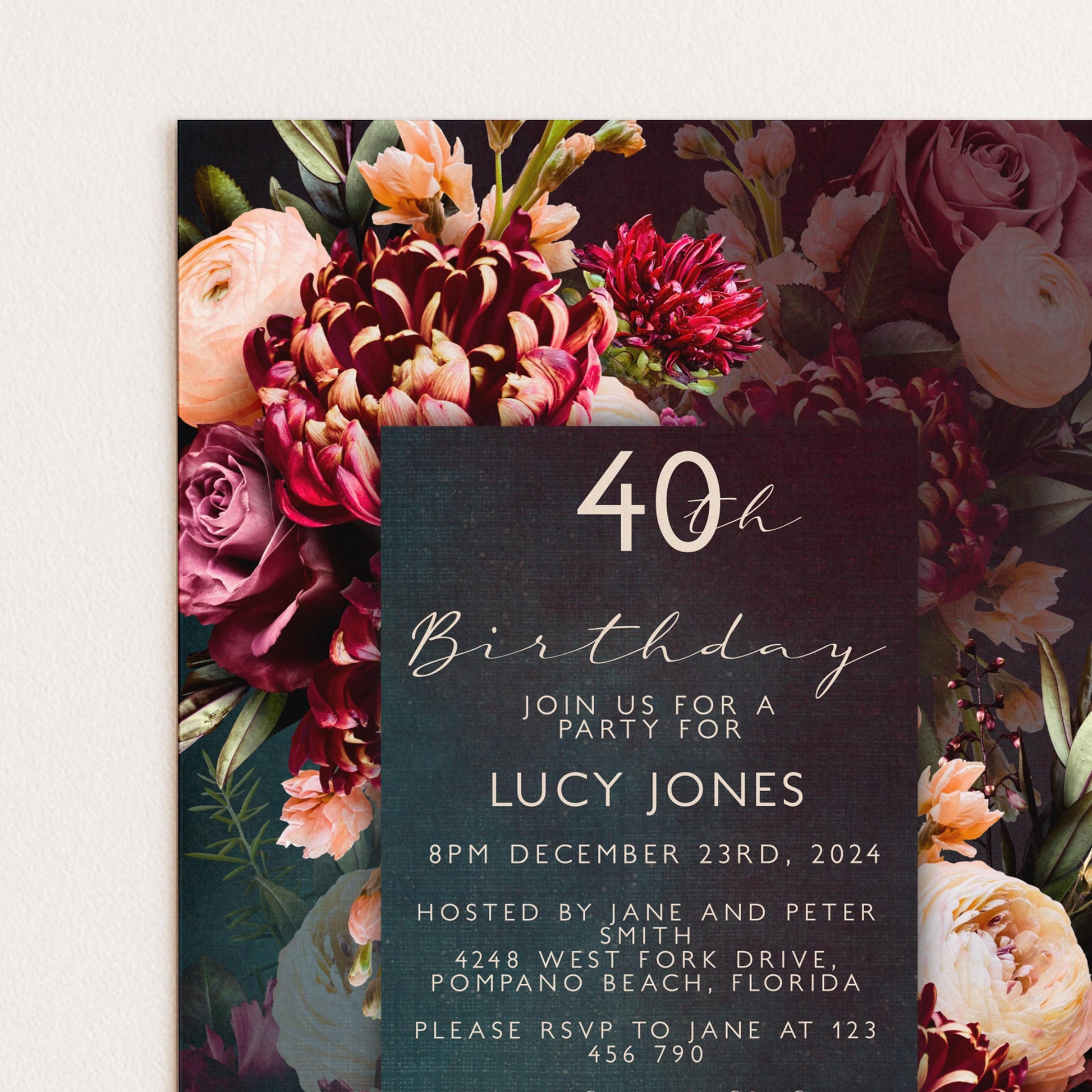 The image is a birthday party invitation featuring a floral design with various colorful flowers.