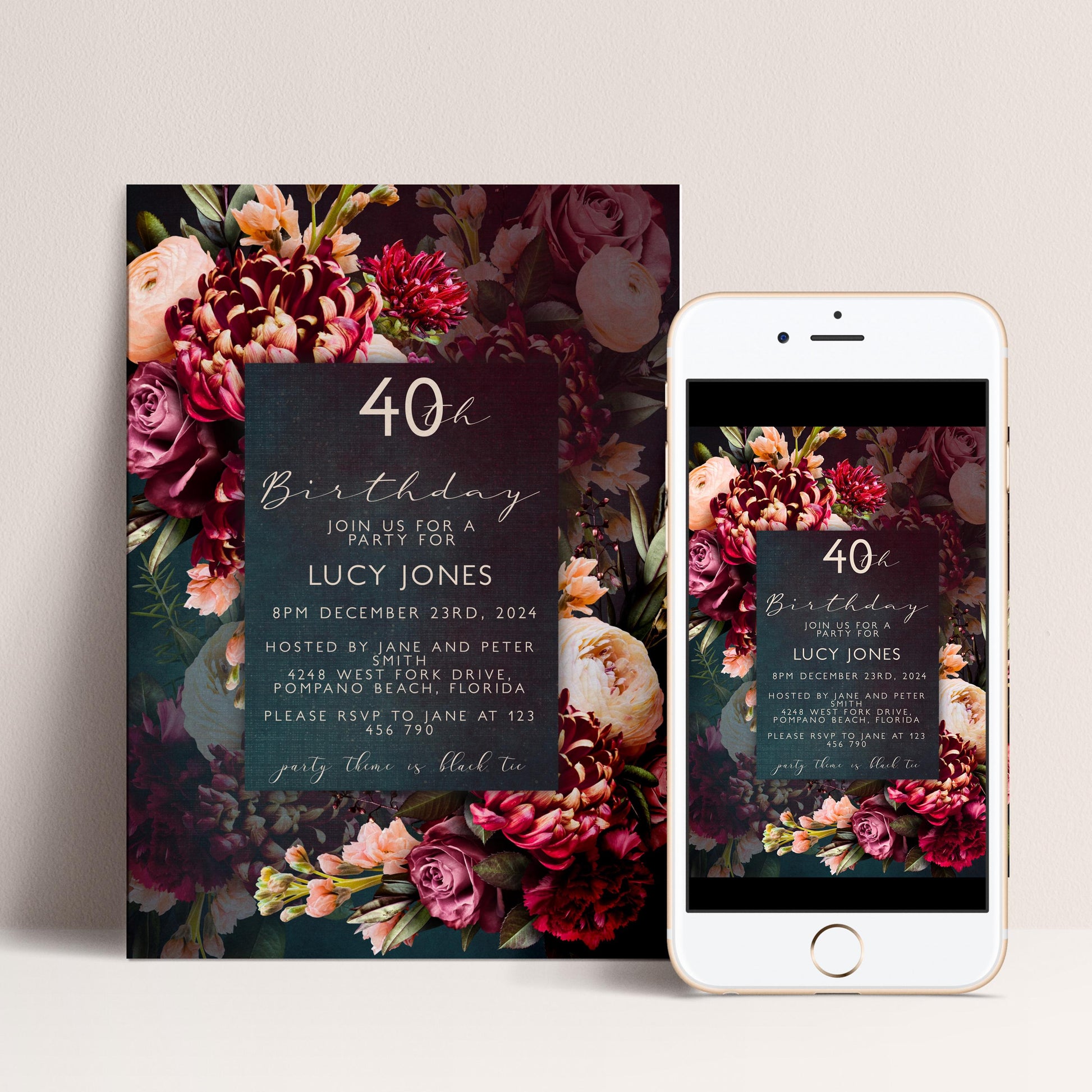 The image is a birthday invitation for Lucy Jones celebrating her 40th birthday. It features a floral design with red, pink, and white flowers, and includes details about the party for her.