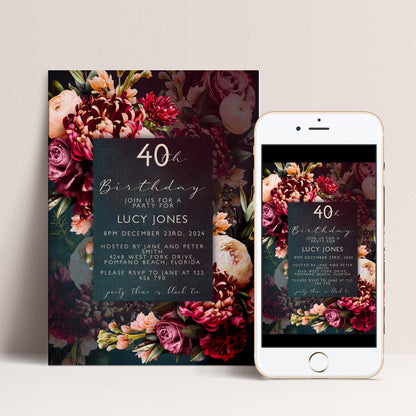 The image is a birthday invitation for Lucy Jones celebrating her 40th birthday. It features a floral design with red, pink, and white flowers, and includes details about the party for her.