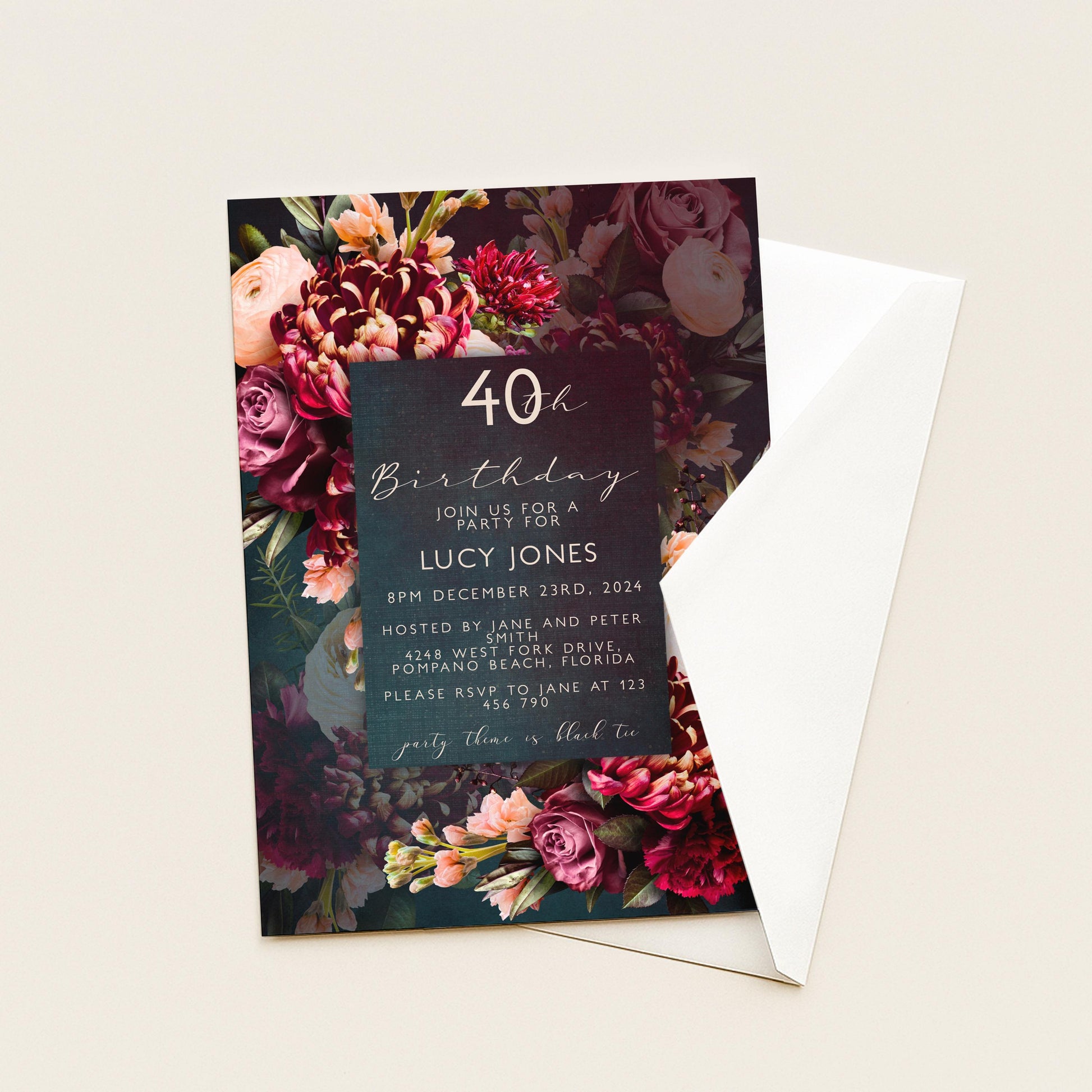 The image is a birthday invitation for a 40th celebration, featuring a floral design with various colors and flowers.