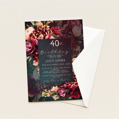 The image is a birthday invitation for a 40th celebration, featuring a floral design with various colors and flowers.