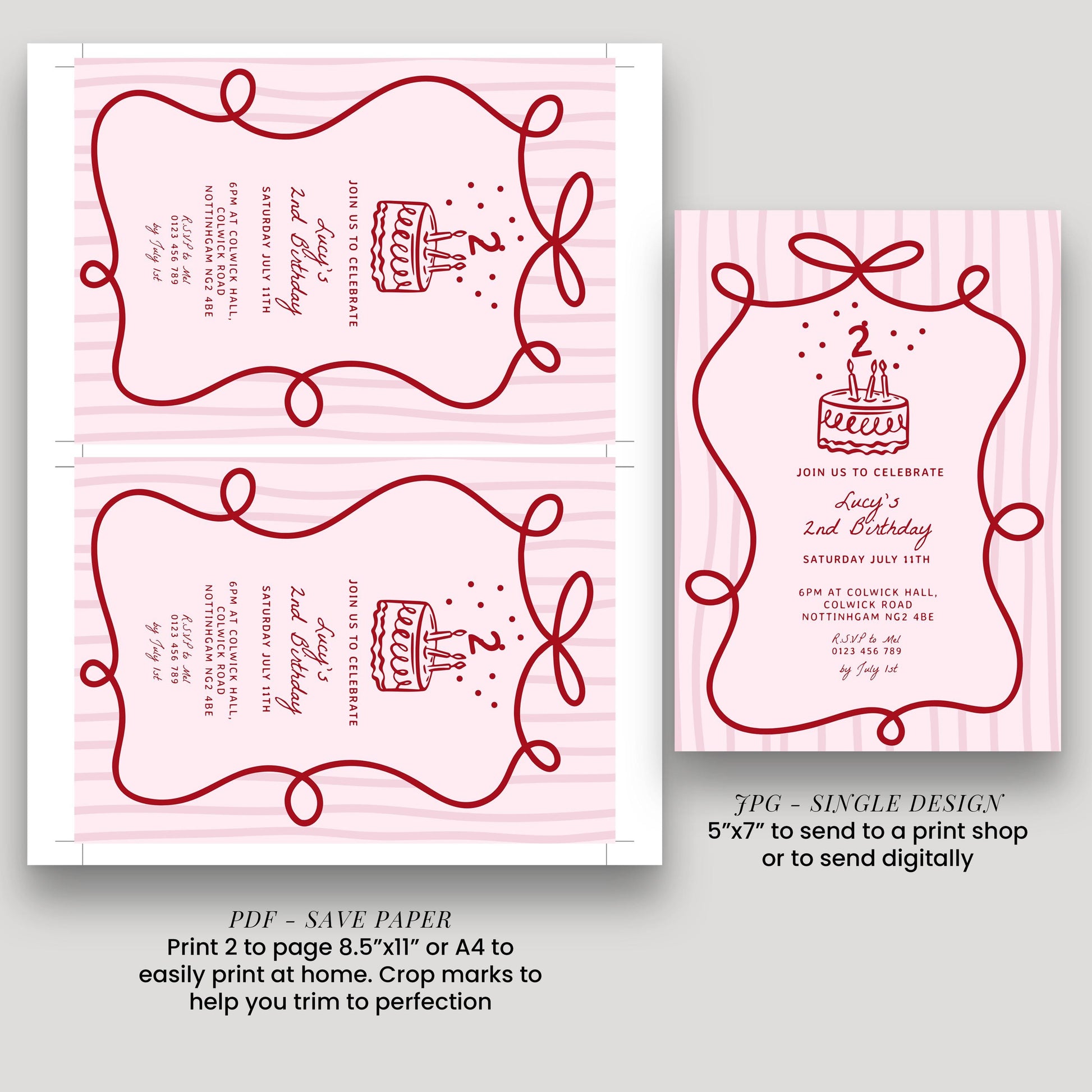 2nd Birthday Invitation Template, Printable Hand Drawn Coquette Pink and Red Editable Second Birthday Party Digital Download
