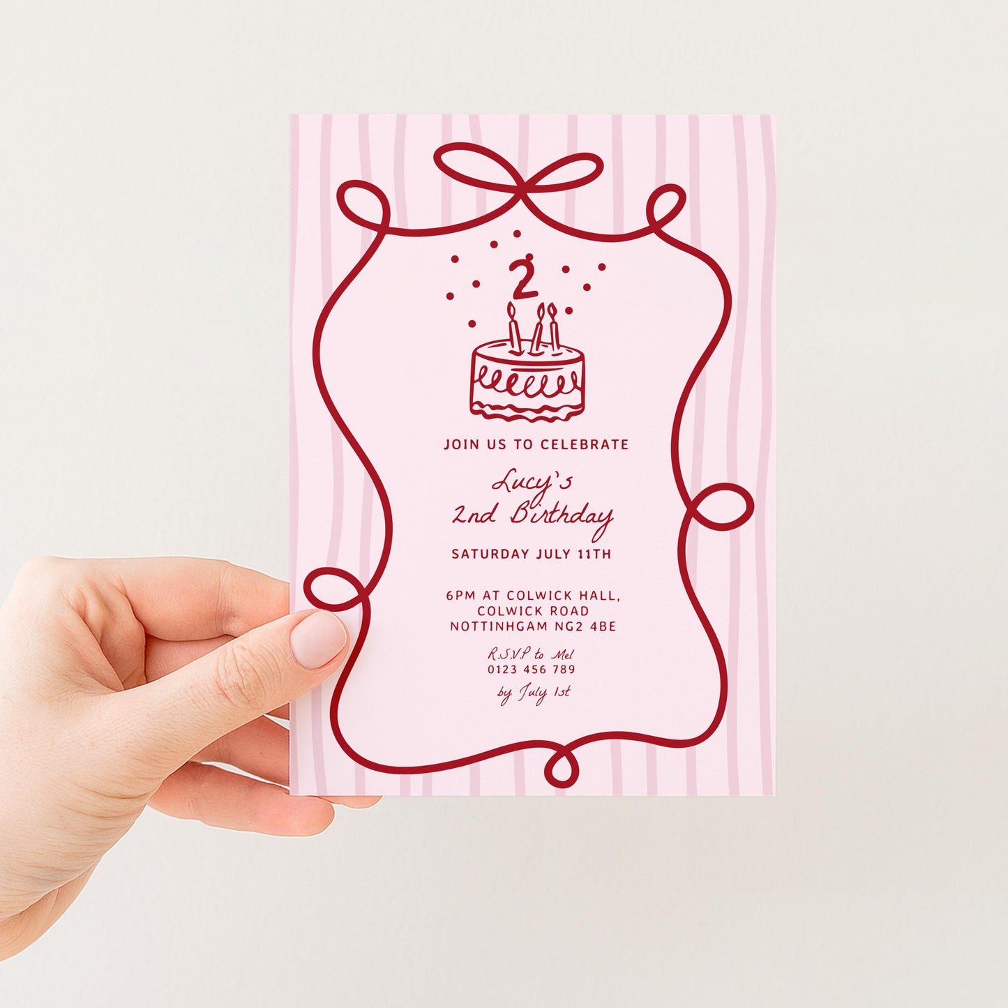 2nd Birthday Invitation Template, Printable Hand Drawn Coquette Pink and Red Editable Second Birthday Party Digital Download