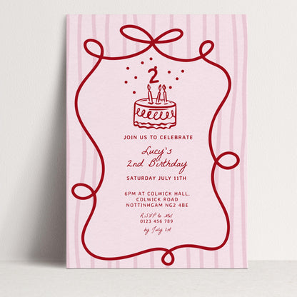 2nd Birthday Invitation Template, Printable Hand Drawn Coquette Pink and Red Editable Second Birthday Party Digital Download