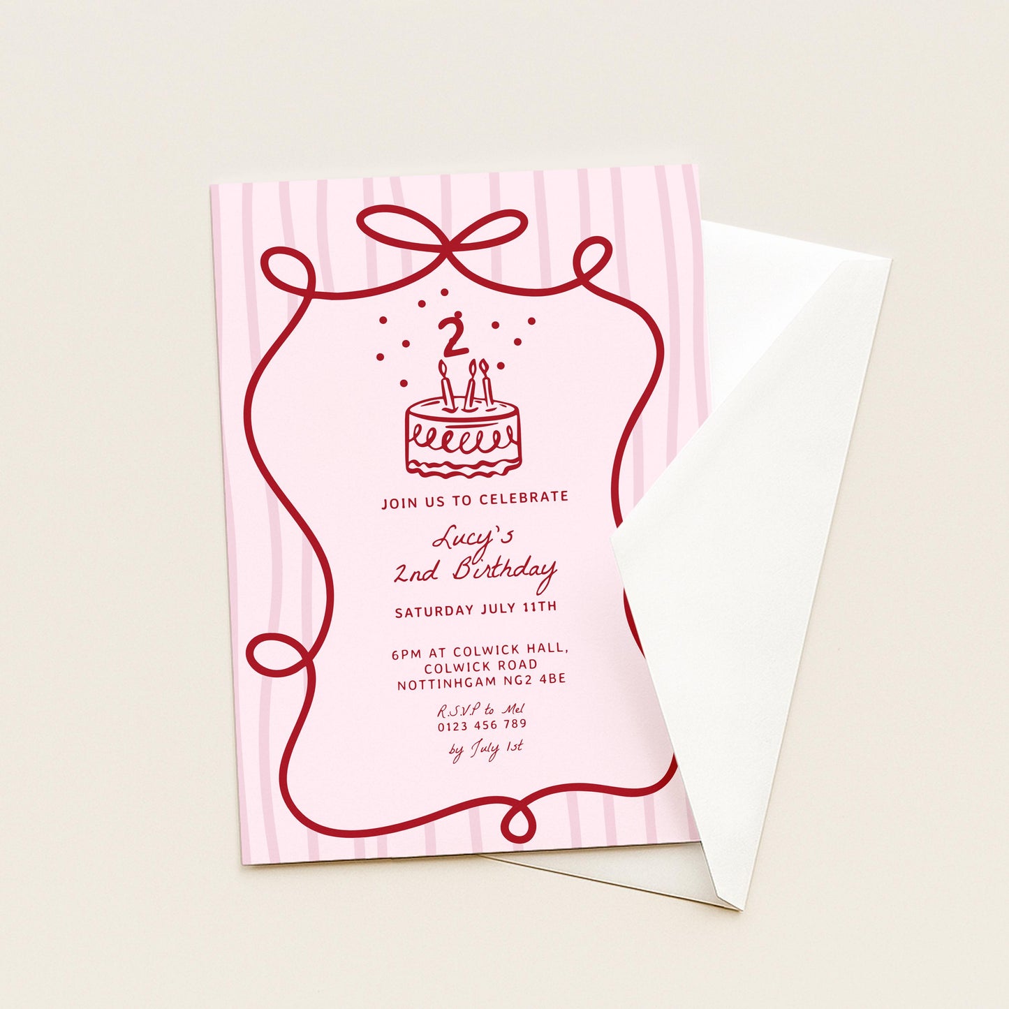 2nd Birthday Invitation Template, Printable Hand Drawn Coquette Pink and Red Editable Second Birthday Party Digital Download