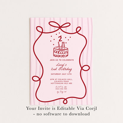 2nd Birthday Invitation Template, Printable Hand Drawn Coquette Pink and Red Editable Second Birthday Party Digital Download