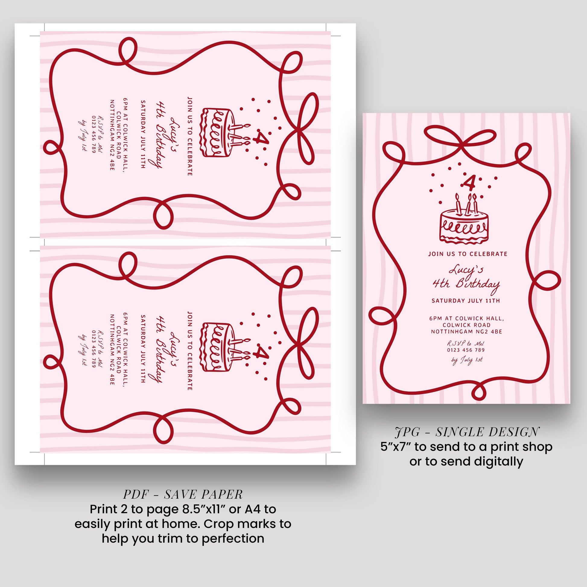 4th Birthday Invitation Template, Printable Hand Drawn Coquette Pink and Red Editable Fourth Birthday Party Digital Download
