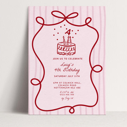 4th Birthday Invitation Template, Printable Hand Drawn Coquette Pink and Red Editable Fourth Birthday Party Digital Download