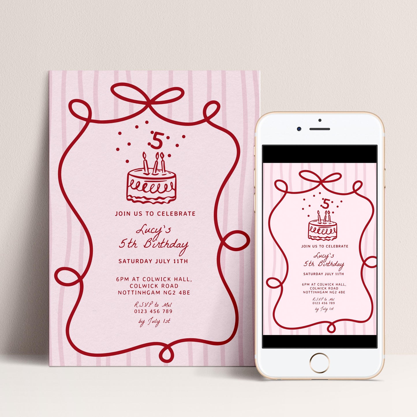 5th Birthday Invitation Template: Coquette Pink Red Hand Drawn Bow, Editable Digital Download | Printable, Girls Party Invite, 5x7 Inch