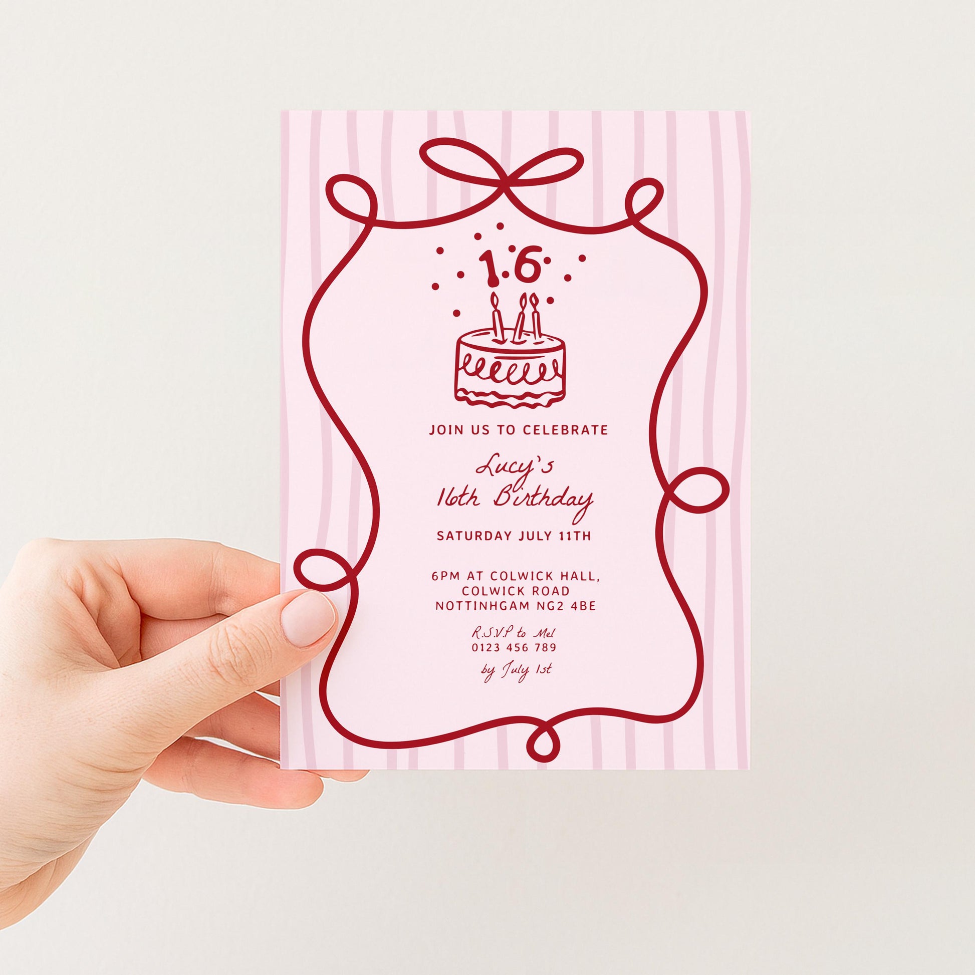16th Birthday Invitation Template, Printable Hand Drawn Coquette Pink and Red Editable Sixteen Birthday Party Digital Download