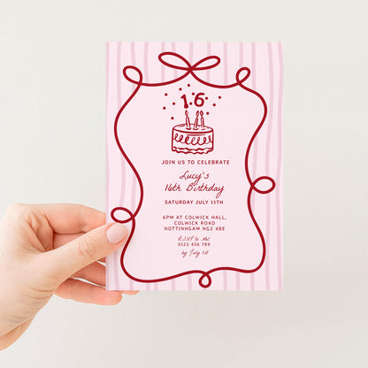 16th Birthday Invitation Template, Printable Hand Drawn Coquette Pink and Red Editable Sixteen Birthday Party Digital Download