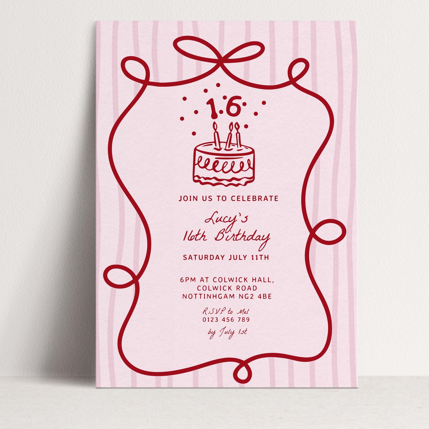 16th Birthday Invitation Template, Printable Hand Drawn Coquette Pink and Red Editable Sixteen Birthday Party Digital Download