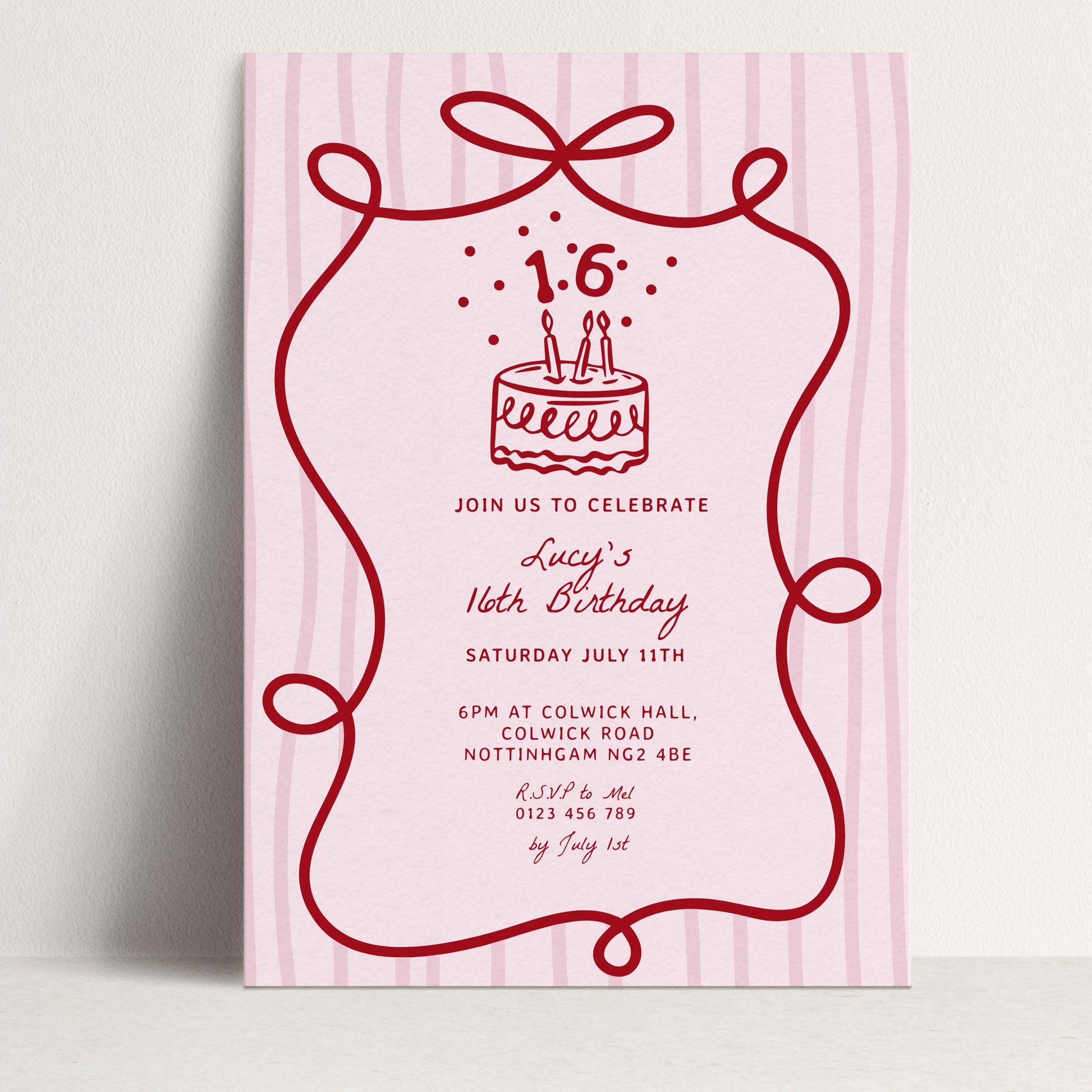 16th Birthday Invitation Template, Printable Hand Drawn Coquette Pink and Red Editable Sixteen Birthday Party Digital Download