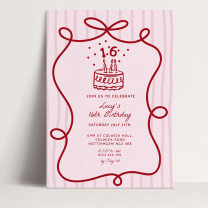 16th Birthday Invitation Template, Printable Hand Drawn Coquette Pink and Red Editable Sixteen Birthday Party Digital Download