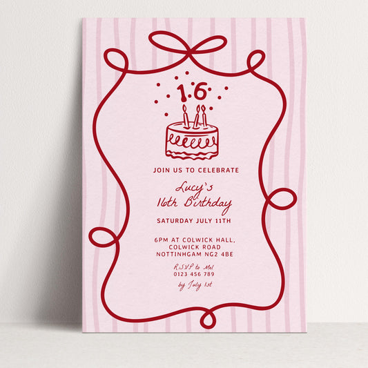 16th Birthday Invitation Template, Printable Hand Drawn Coquette Pink and Red Editable Sixteen Birthday Party Digital Download