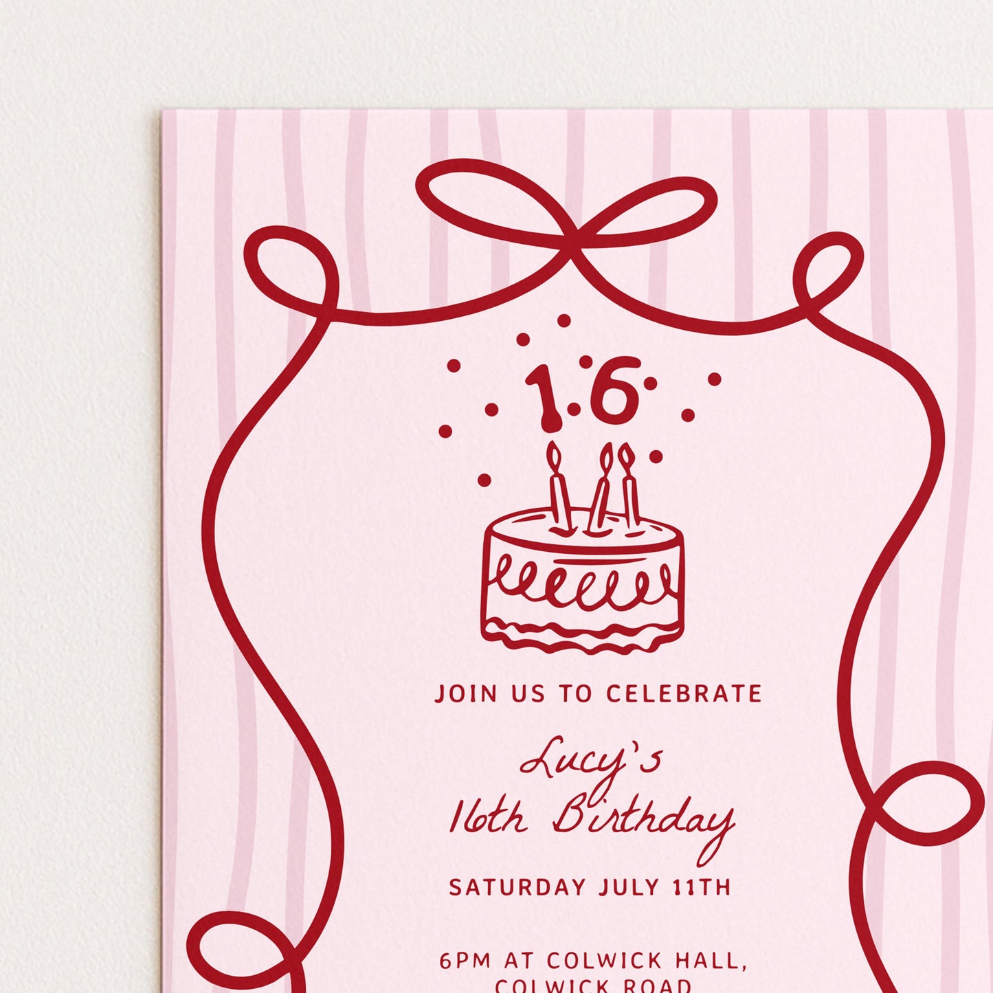 16th Birthday Invitation Template, Printable Hand Drawn Coquette Pink and Red Editable Sixteen Birthday Party Digital Download