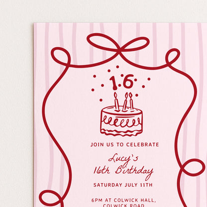 16th Birthday Invitation Template, Printable Hand Drawn Coquette Pink and Red Editable Sixteen Birthday Party Digital Download