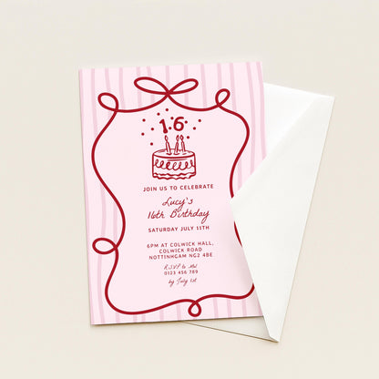 16th Birthday Invitation Template, Printable Hand Drawn Coquette Pink and Red Editable Sixteen Birthday Party Digital Download