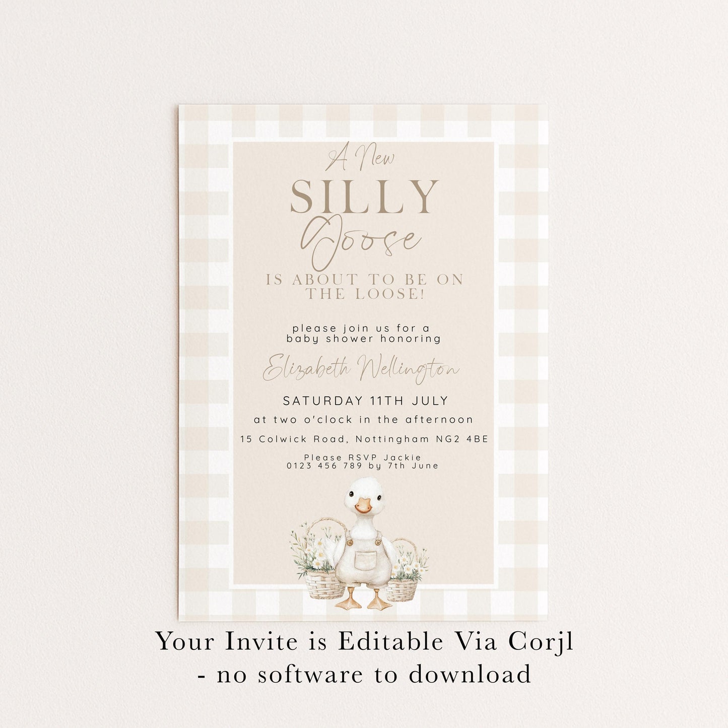 Silly Goose Baby Shower Invitation Gender Neutral, Editable Corjl Template, Beige Gingham Baby Invite, Printable Digital Download SG21