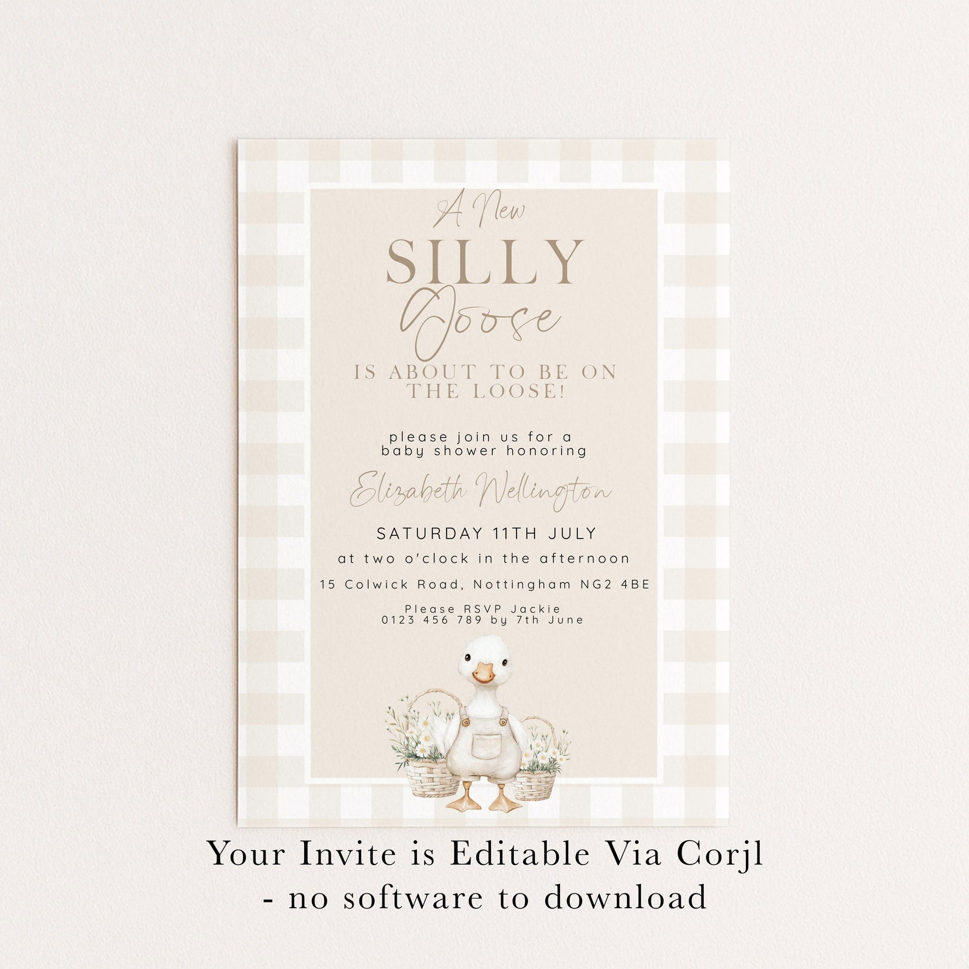 Silly Goose Baby Shower Invitation Gender Neutral, Editable Corjl Template, Beige Gingham Baby Invite, Printable Digital Download SG21