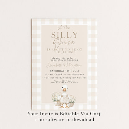 Silly Goose Baby Shower Invitation Gender Neutral, Editable Corjl Template, Beige Gingham Baby Invite, Printable Digital Download SG21