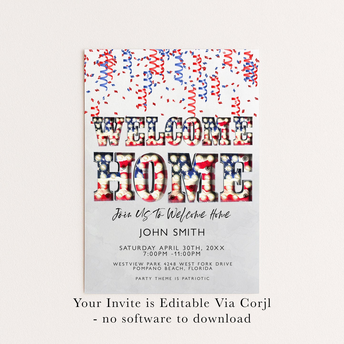 Welcome Home Party Invitation, Editable Patriotic Red White Blue Invite, Printable Template, Digital Download