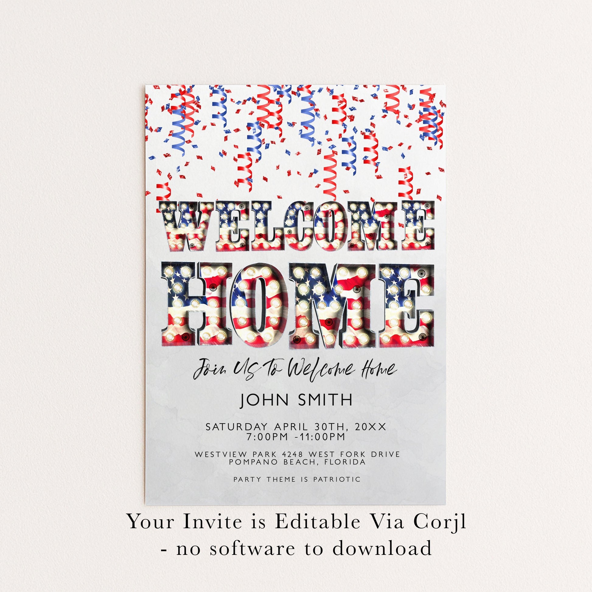 Welcome Home Party Invitation, Editable Patriotic Red White Blue Invite, Printable Template, Digital Download