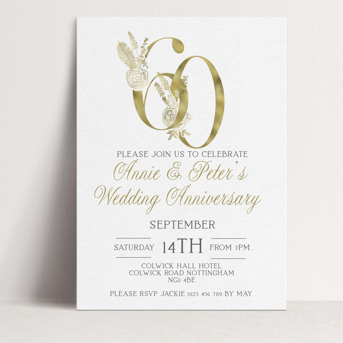 The image is a wedding anniversary invitation for Annie and Peter, celebrating their 60th wedding anniversary.