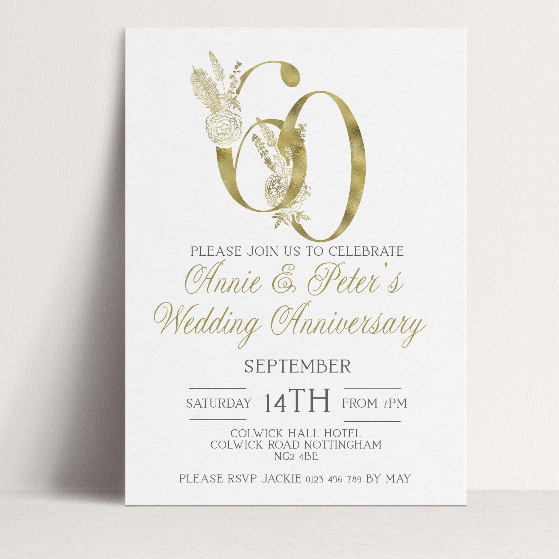 The image is a wedding anniversary invitation for Annie and Peter, celebrating their 60th wedding anniversary.