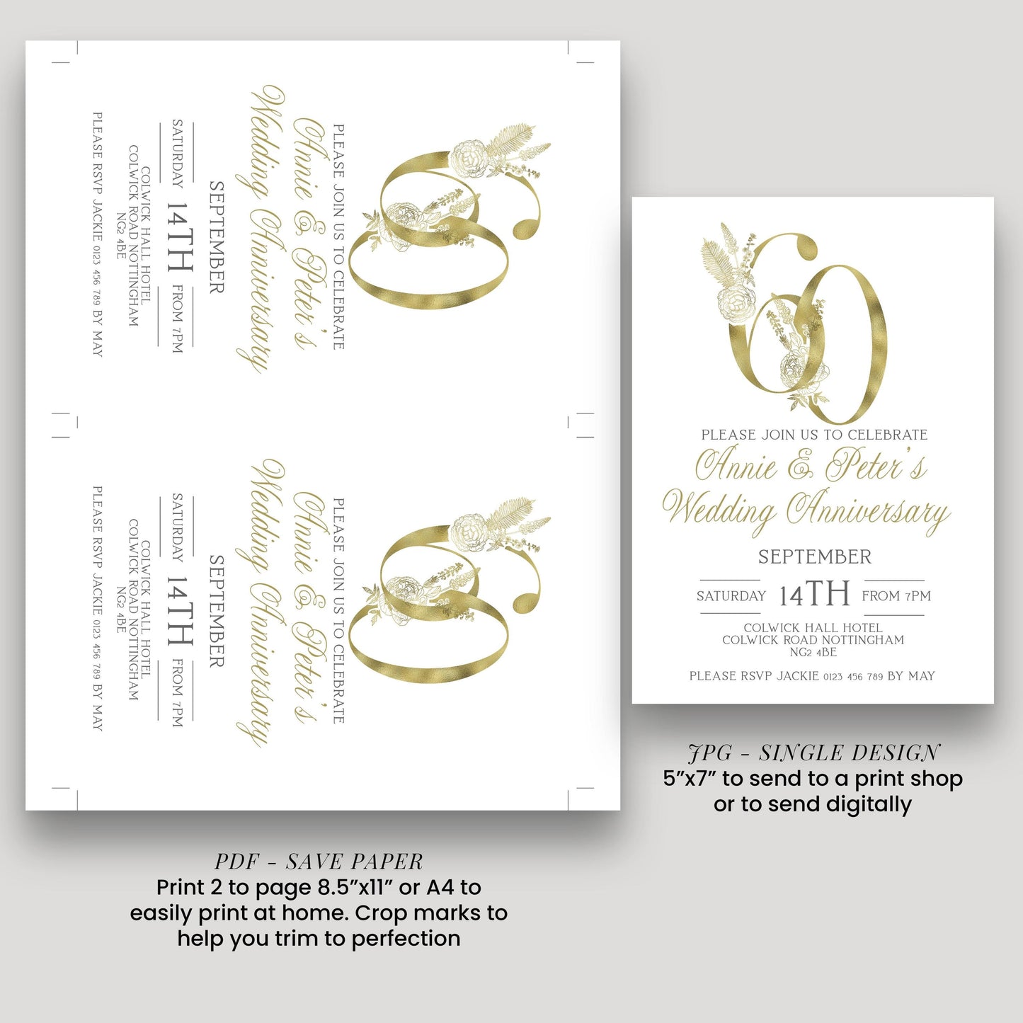The image is a wedding anniversary invitation for a couple celebrating their 60th wedding anniversary. The invitation features a gold and white design with the number 60 and floral elements.