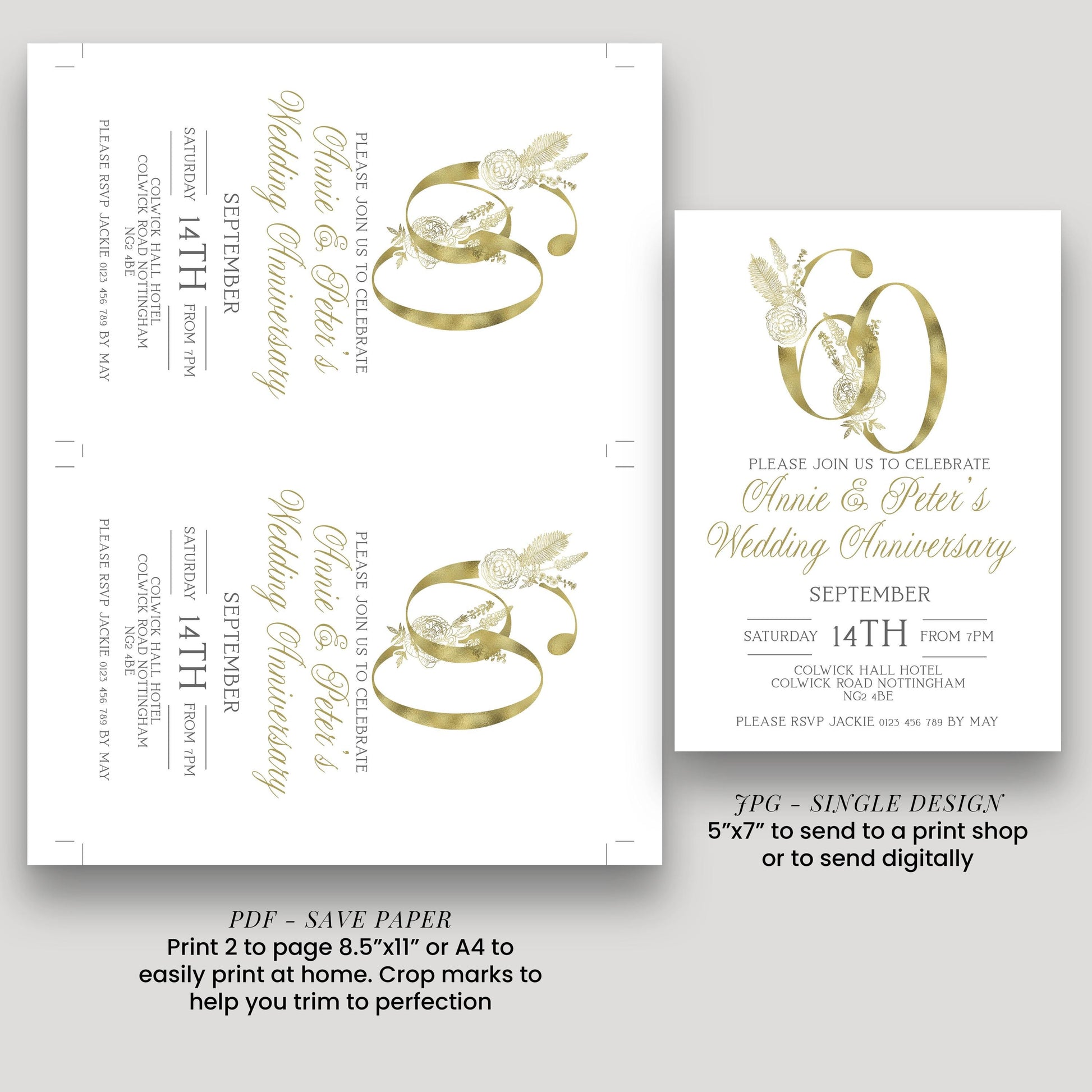 The image is a wedding anniversary invitation for a couple celebrating their 60th wedding anniversary. The invitation features a gold and white design with the number 60 and floral elements.