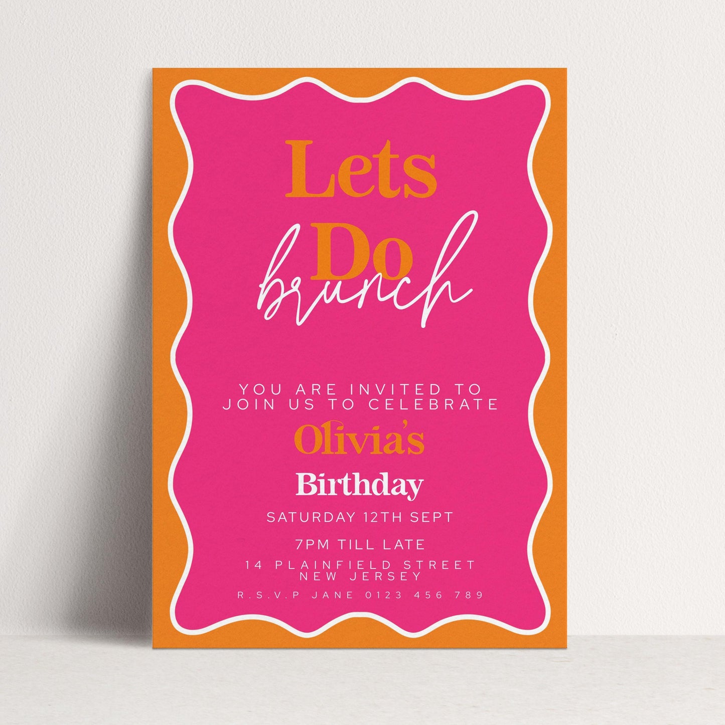 The image is a birthday invitation for a girl named Olivas, with a pink and orange color scheme.