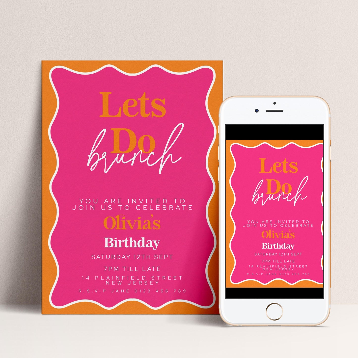 The image is a birthday invitation for a girl named Olivia, which is an orange and pink design with text and a phone displaying the same design.