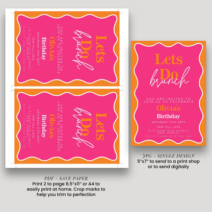 a pink birthday invitation with a bold, decorative design. The invitation invites guests to a "Let's Bake" birthday party on Saturday, 12th September, and includes details about the event, such as the time, location, and RSVP information. The invitation also provides instructions for printing and sending the invitation, including the option to print 2 pages or print 1 page.