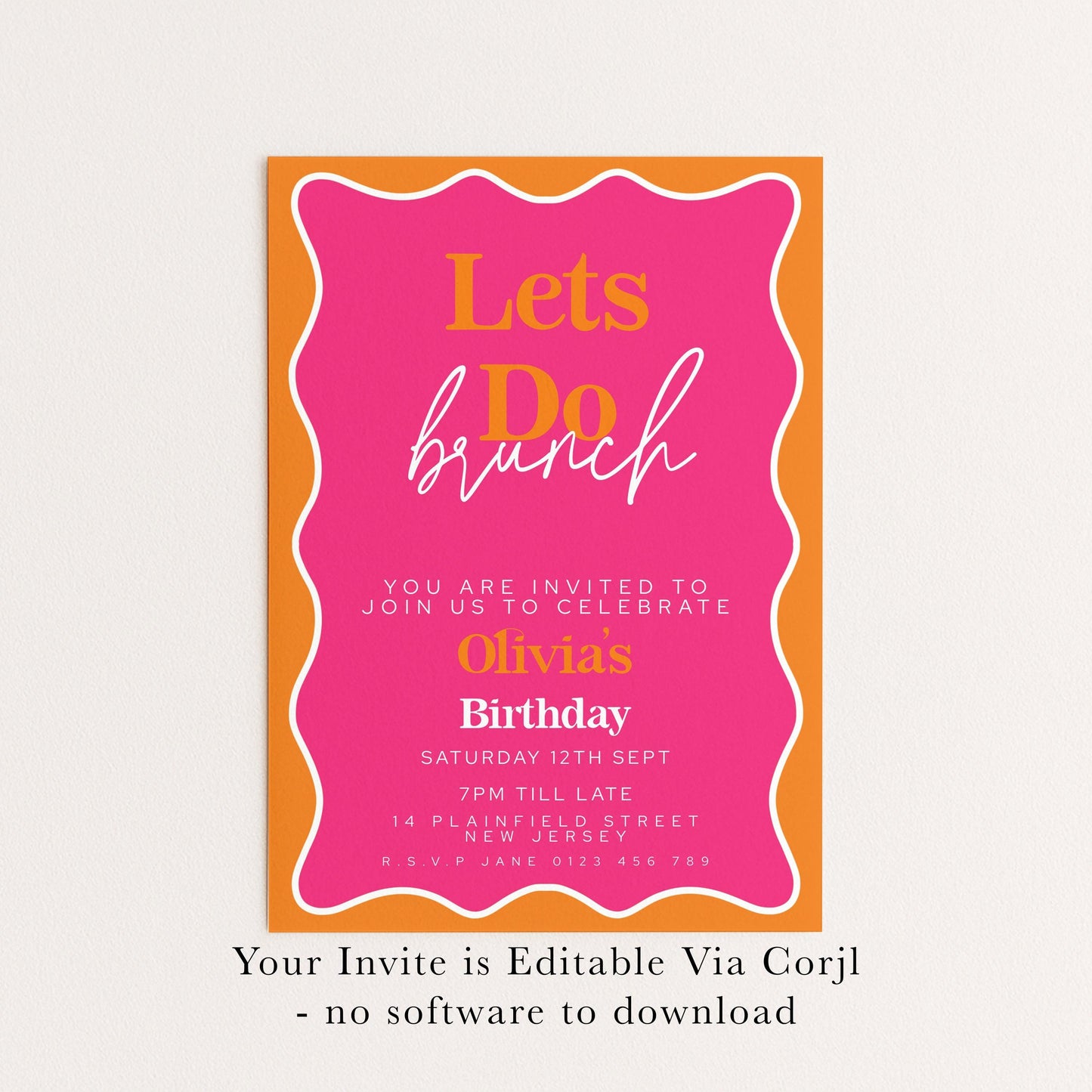 The image is a birthday invitation for a girl named Olivia, which is editable via a Corjl software. The invitation is pink and orange, and it invites guests to join the celebration.