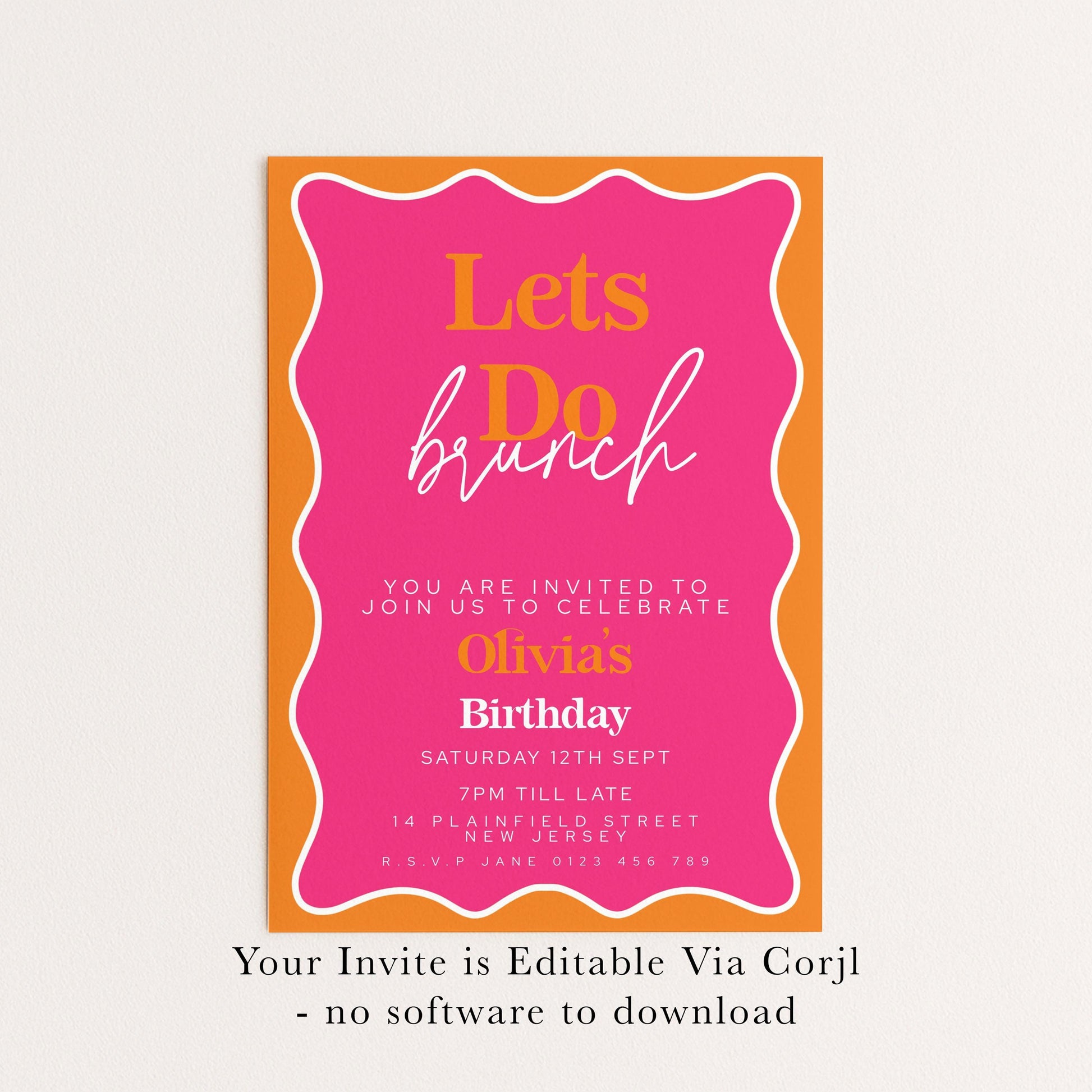 The image is a birthday invitation for a girl named Olivia, which is editable via a Corjl software. The invitation is pink and orange, and it invites guests to join the celebration.