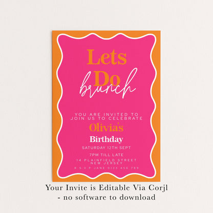 The image is a birthday invitation for a girl named Olivia, which is editable via a Corjl software. The invitation is pink and orange, and it invites guests to join the celebration.